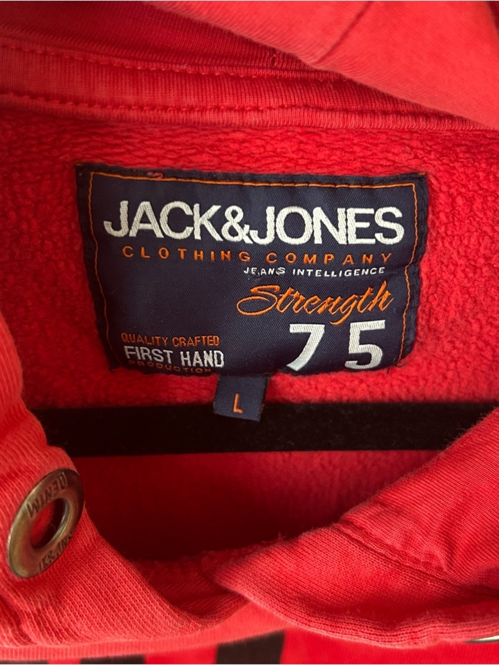 🟢 5 for $25 🟢 Jack & Jones Hoodie L Red Graphic Y2K Streetwear Slogan Pullover - Picture 2 of 5